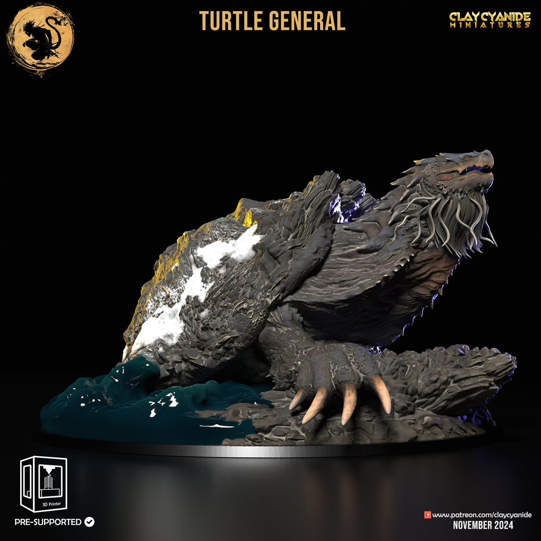 Turtle General unpainted resin fantasy centerpiece miniature by Clay Cyanide, 28-32mm DnD tabletop model.
