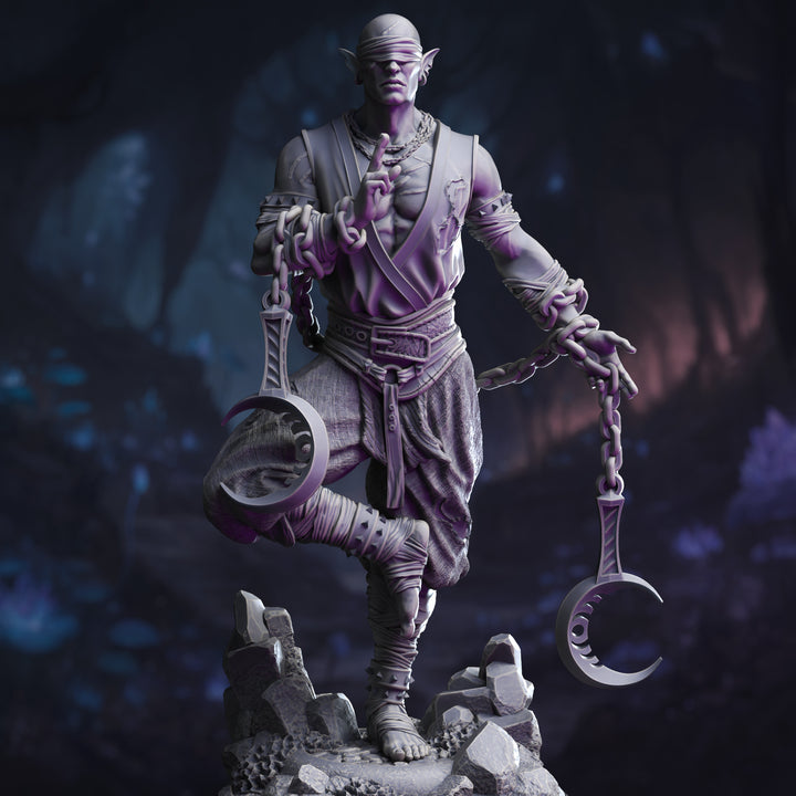 Drow Lunar Monk - Uxas the Reborn unpainted resin elf miniature by DM Stash, 28-32mm DnD tabletop model.