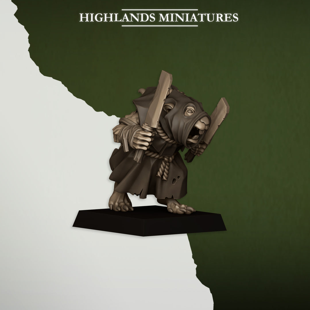 Vermin Acolytes unpainted resin ratfolk miniature by Highlands Miniatures, 28-32mm DnD tabletop model.