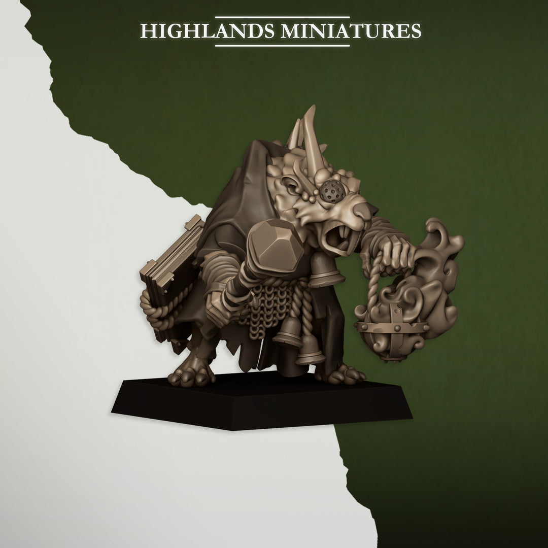 Vermin Pastor unpainted resin ratfolk miniature by Highlands Miniatures, 28-32mm DnD tabletop model.