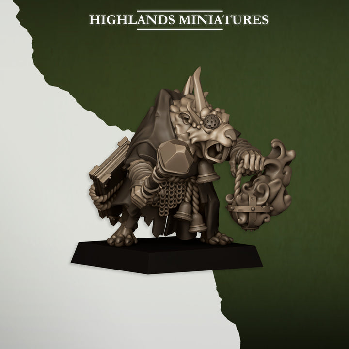 Vermin Pastor unpainted resin ratfolk miniature by Highlands Miniatures, 28-32mm DnD tabletop model.