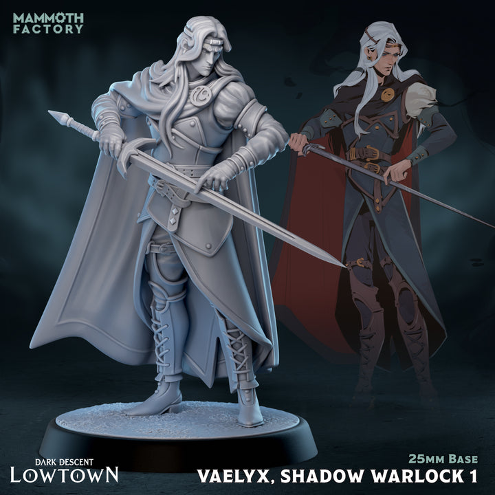 Vaelyx, Shadow Warlock unpainted resin warlock miniature by Mammoth Factory, 28-32mm DnD tabletop model.