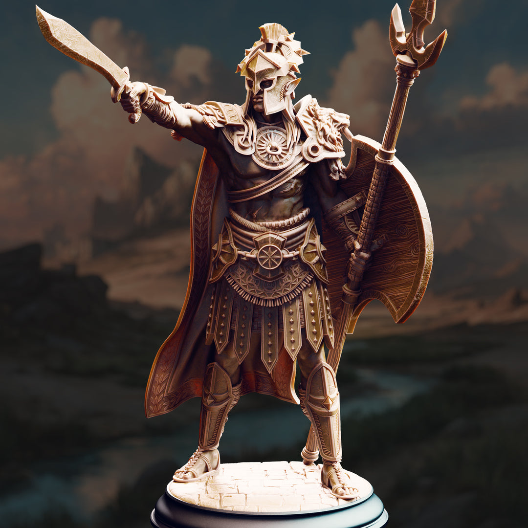 Sun Elf Gladiator - Vilryn Kaedrys unpainted resin elf miniature by DM Stash, 28-32mm DnD tabletop model.