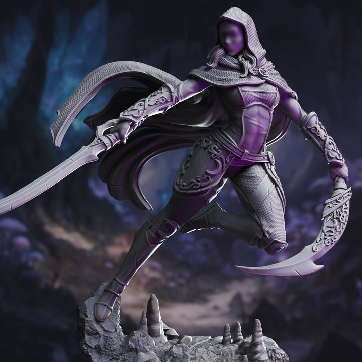 Assassin of the Waxing Moon - Xira Elineri unpainted resin assassin miniature by DM Stash, 28-32mm DnD tabletop model.