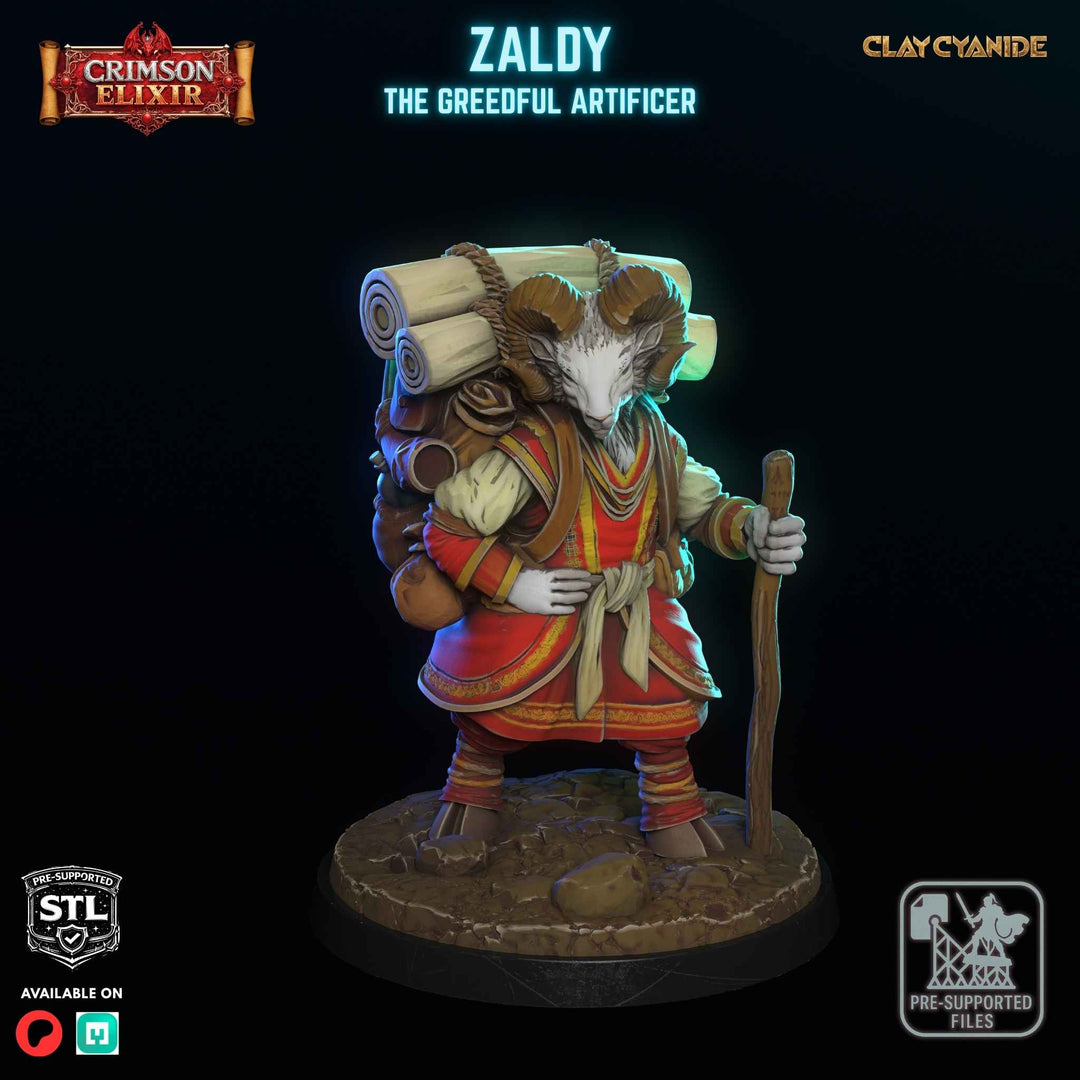 Zaldy - The Greedful Artificer unpainted resin artificer miniature by Clay Cyanide, 28-32mm DnD tabletop model.