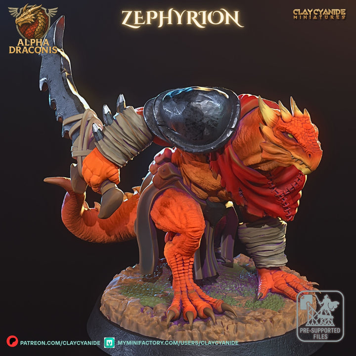 Zephyrion - Draconic Fighter unpainted resin dragonborn miniature by Clay Cyanide, 28-32mm DnD tabletop model.
