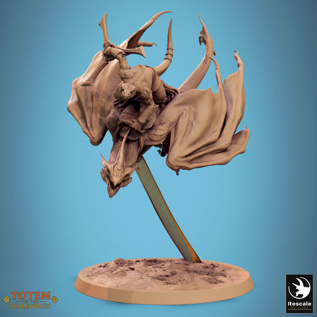 Flying Dinosaur Riders unpainted resin lizardfolk miniature by Rescale Miniatures, 28-32mm DnD tabletop model.