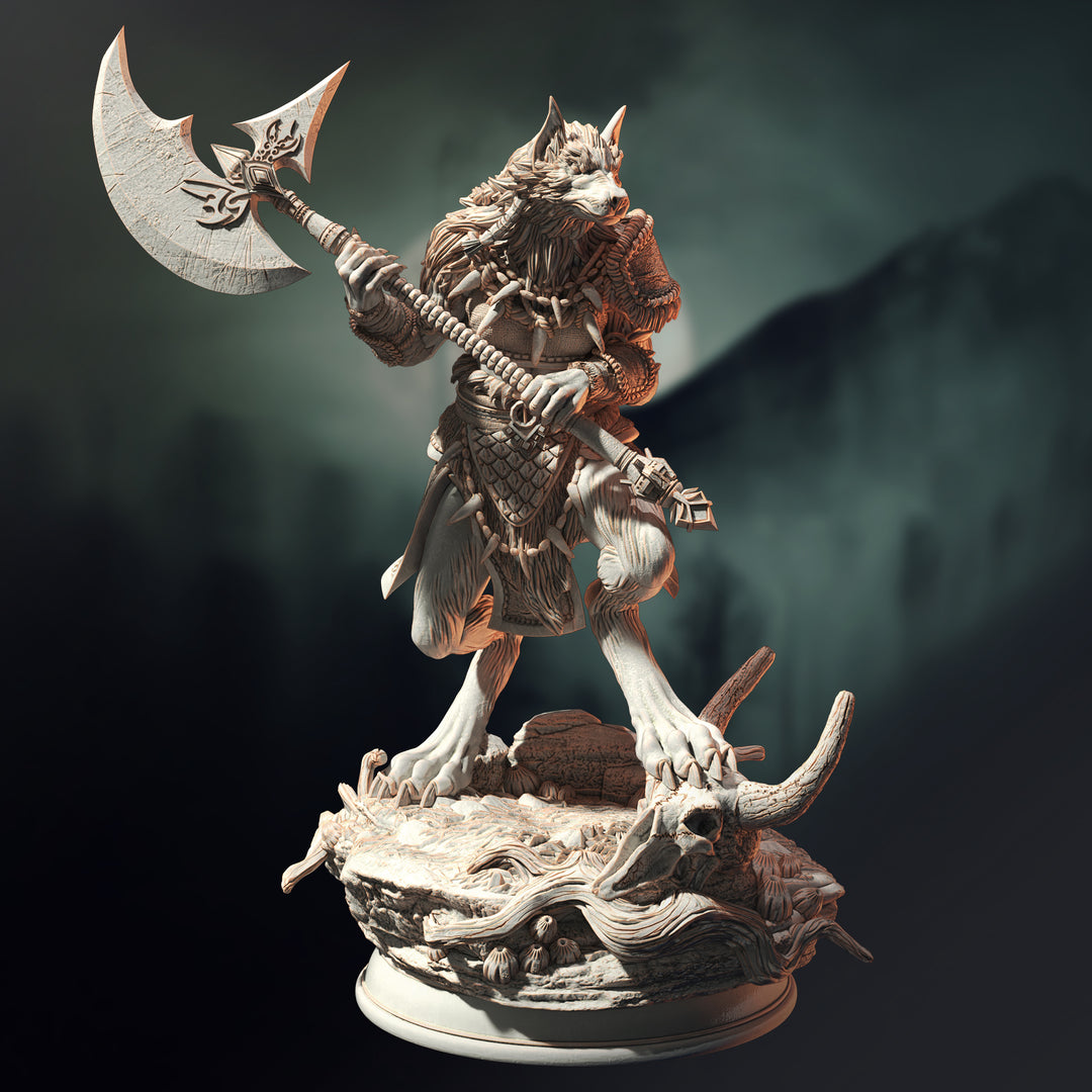Werewolf Barbarian - Ariana Grey unpainted resin barbarian miniature by DM Stash, 28-32mm DnD tabletop model.