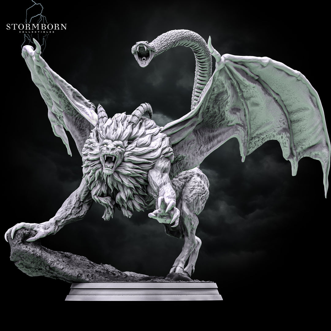 Chimera unpainted resin fantasy miniature by Stormborn Collectibles, 28-32mm DnD tabletop model.
