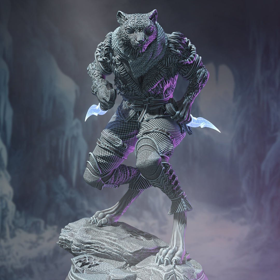 Snow Leopard Rogue - Curatio Ounce unpainted resin rogue miniature by DM Stash, 28-32mm DnD tabletop model.