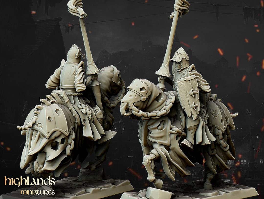 Undead Dark Knights unpainted resin undead miniature by Highlands Miniatures, 28-32mm DnD tabletop model.