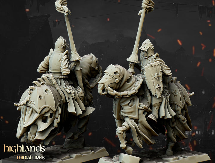 Undead Dark Knights unpainted resin undead miniature by Highlands Miniatures, 28-32mm DnD tabletop model.