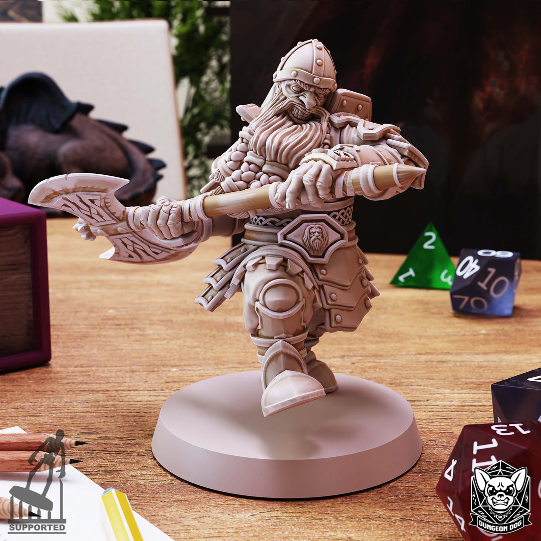 Dwarf Warriors unpainted resin dwarf miniature by Dungeon Dog, 28-32mm DnD tabletop model.