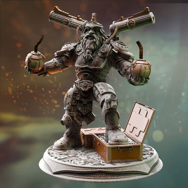 Dwarven Grenadier - Duktuk unpainted resin dwarf miniature by DM Stash, 28-32mm DnD tabletop model.