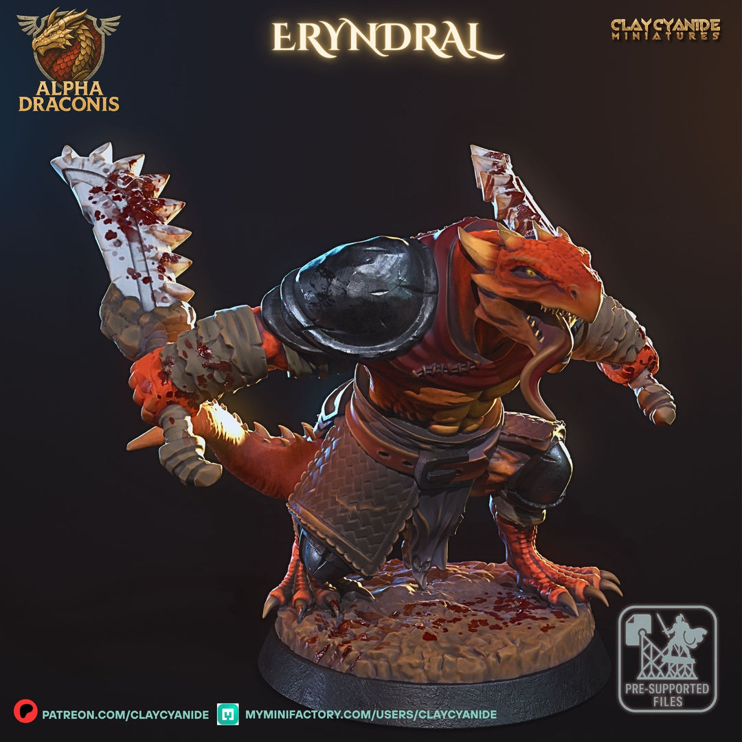 Eryndral - Draconic Berzerker unpainted resin dragonborn miniature by Clay Cyanide, 28-32mm DnD tabletop model.