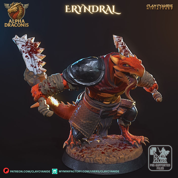 Eryndral - Draconic Berzerker unpainted resin dragonborn miniature by Clay Cyanide, 28-32mm DnD tabletop model.