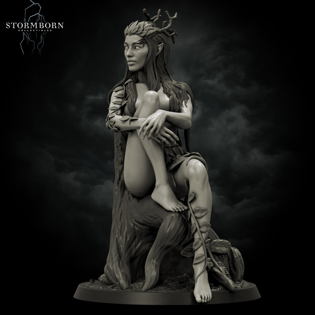 Eva, Dryad of the Emerald Grove unpainted resin elf miniature by Stormborn Collectibles, 28-32mm DnD tabletop model.