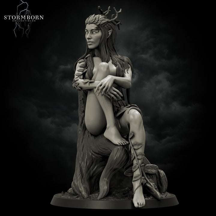 Eva, Dryad of the Emerald Grove unpainted resin elf miniature by Stormborn Collectibles, 28-32mm DnD tabletop model.