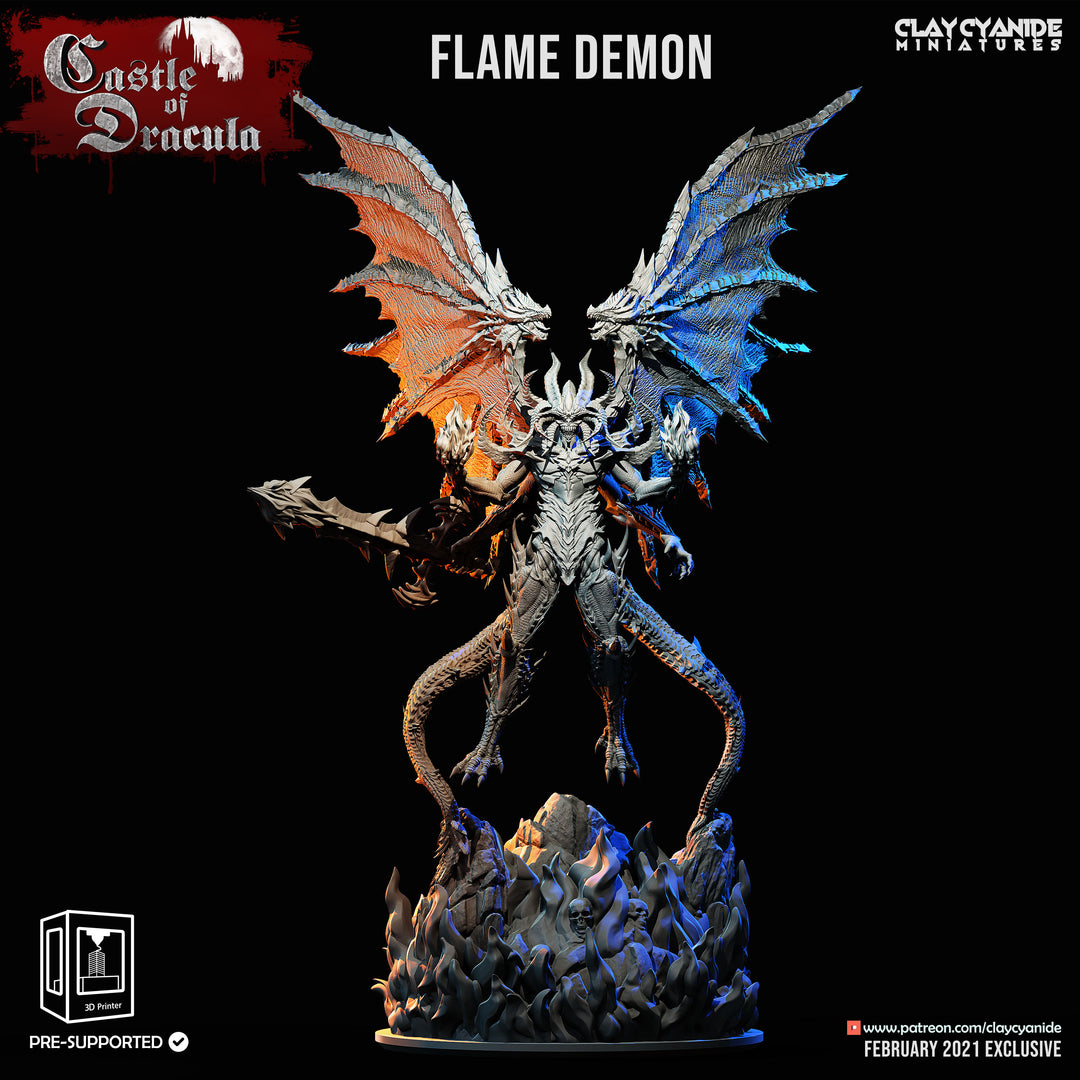 Flame Demon unpainted resin demon centerpiece miniature by Clay Cyanide, 28-32mm DnD tabletop model.