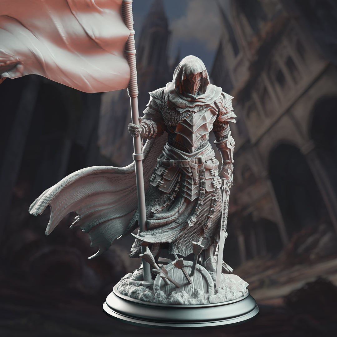 Banner Knight - Florian the Fallen unpainted resin knight miniature by DM Stash, 28-32mm DnD tabletop model.