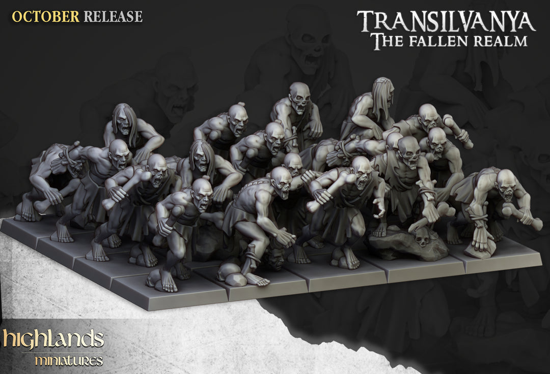 Ghouls Unit unpainted resin undead miniature by Highlands Miniatures, 28-32mm DnD tabletop model.