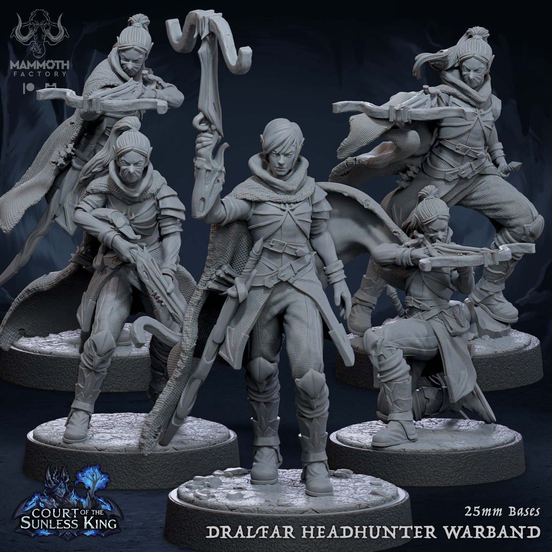 Dralfar Headhunter Warband unpainted resin elf miniature by Mammoth Factory, 28-32mm DnD tabletop model.