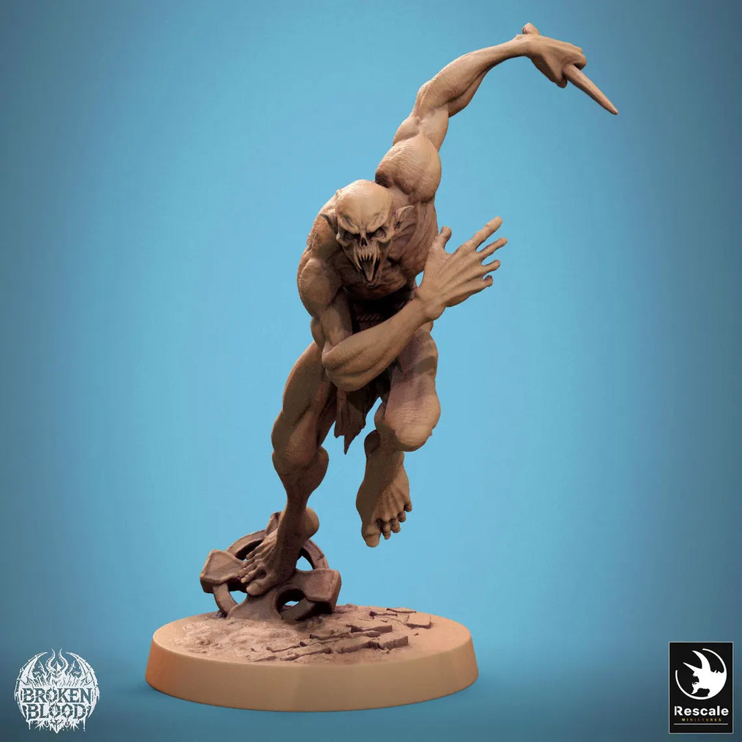 Savage Ghouls unpainted resin undead miniature by Rescale Miniatures, 28-32mm DnD tabletop model.
