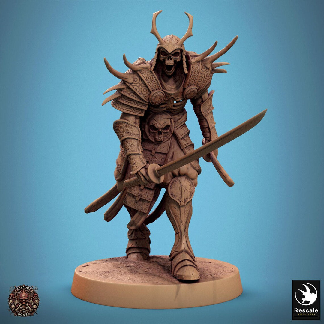 Oriental Skeletons unpainted resin undead miniature by Rescale Miniatures, 28-32mm DnD tabletop model.