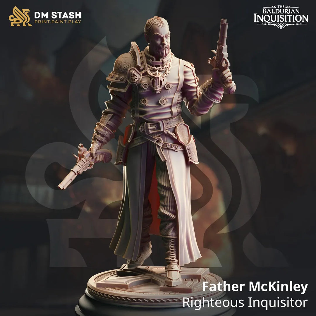 Righteous Priest Gunslinger - Father McKinley unpainted resin cleric miniature by DM Stash, 28-32mm DnD tabletop model.