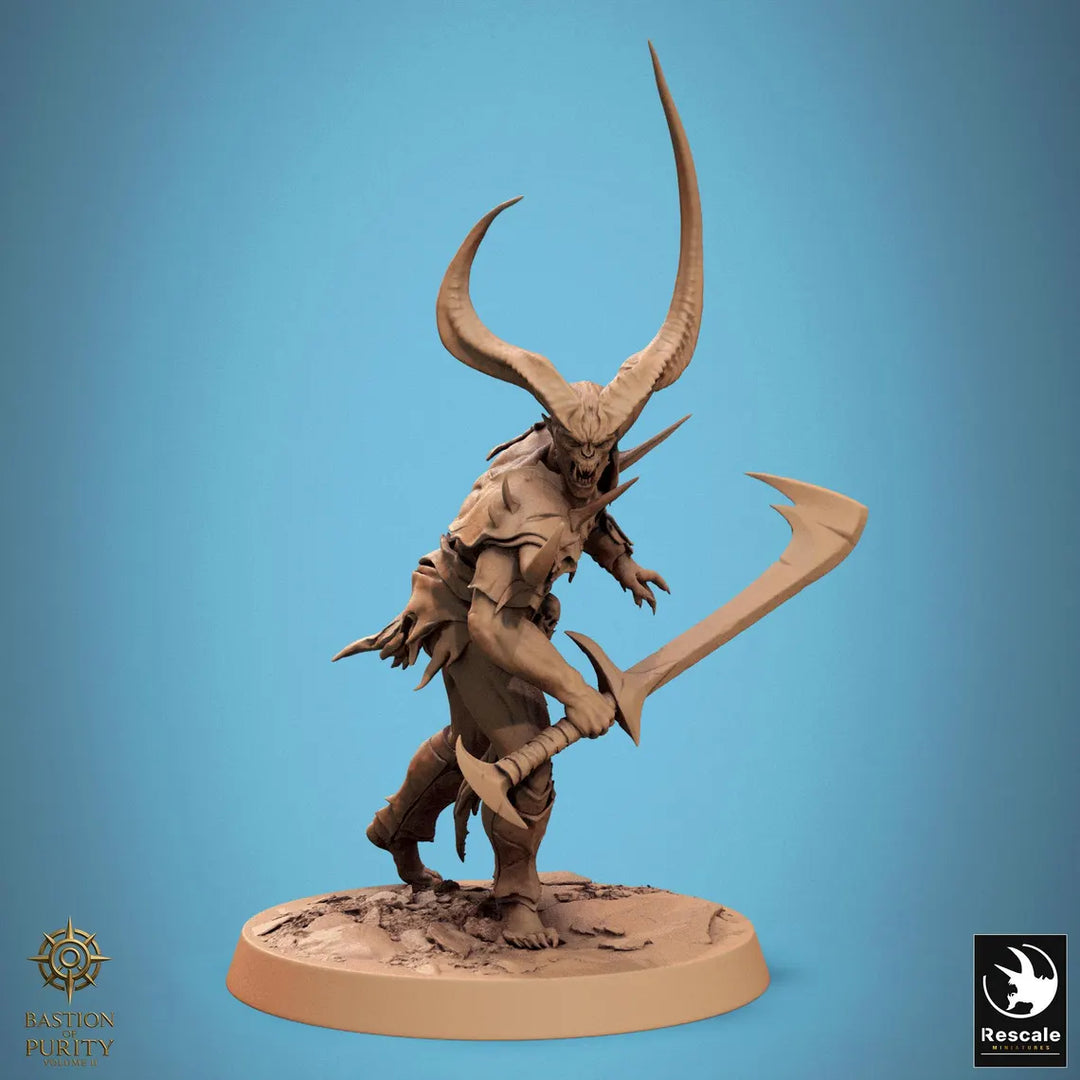 Horned Blade Devils unpainted resin demon miniature by Rescale Miniatures, 28-32mm DnD tabletop model.