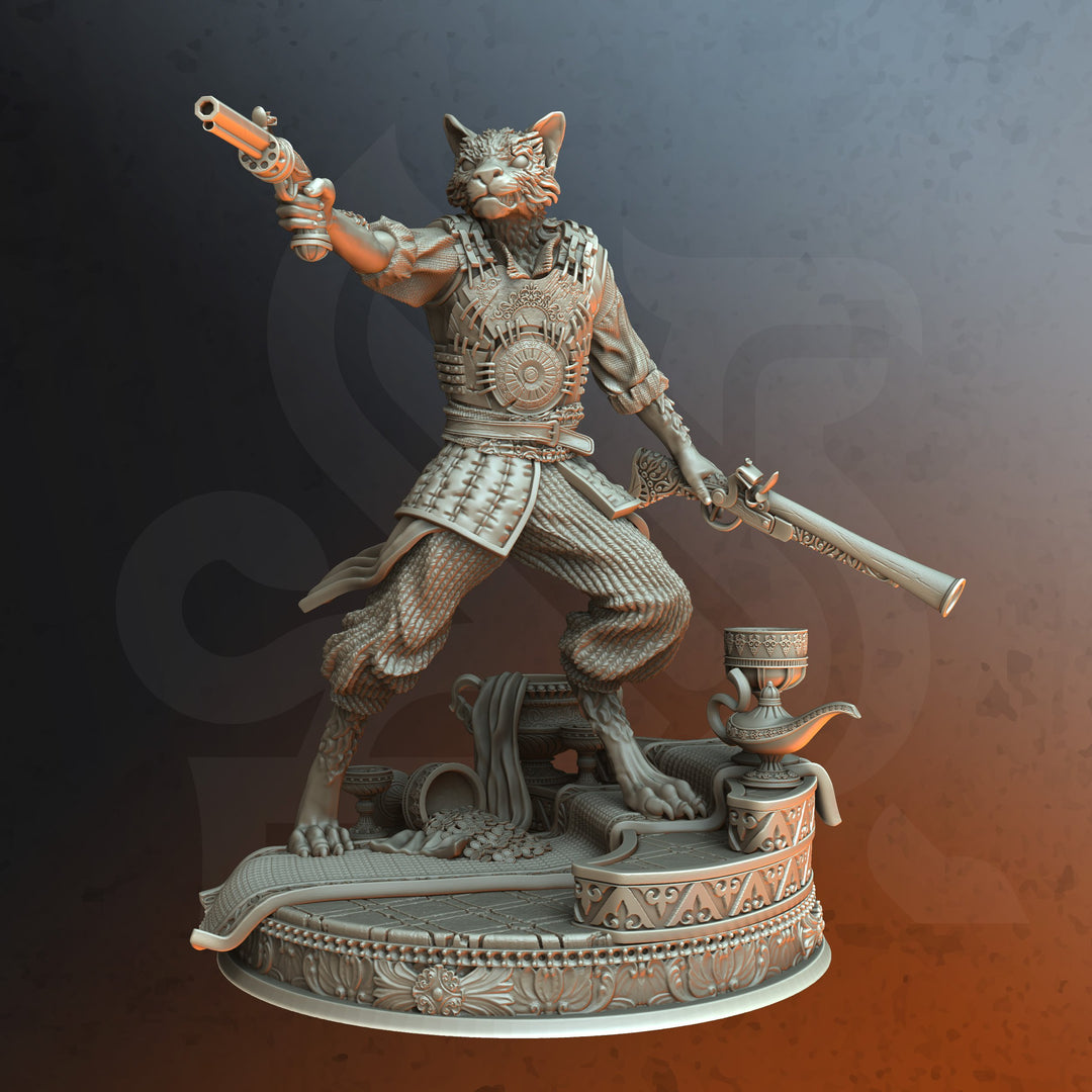 Sultan's Bodyguard - Gunslinger Kara'Ta unpainted resin character miniature by DM Stash, 28-32mm DnD tabletop model.