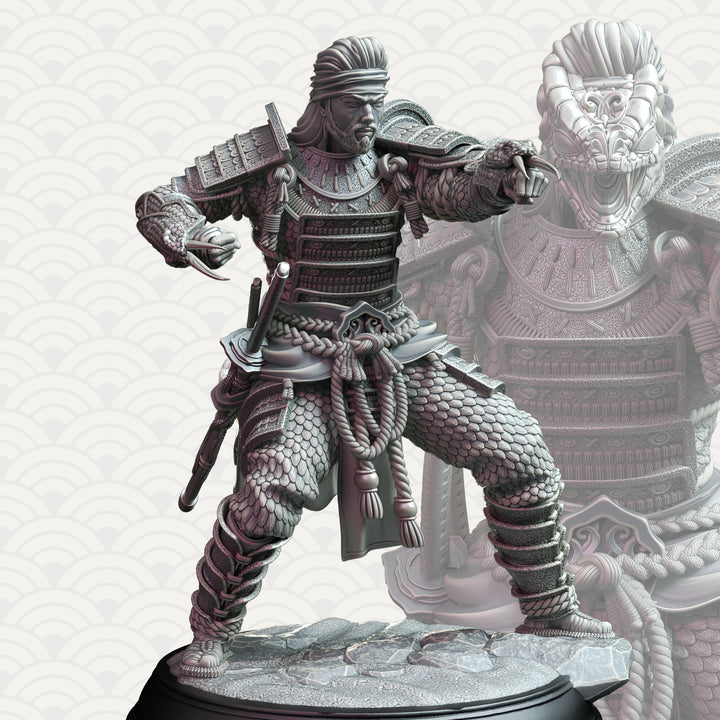 Samurai of the Serpent - Kazuhira Orochi unpainted resin character miniature by DM Stash, 28-32mm DnD tabletop model.