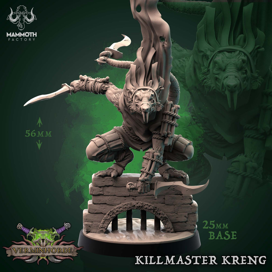 Verminhorde Killmaster Kreng unpainted resin ratfolk miniature by Mammoth Factory, 28-32mm DnD tabletop model.