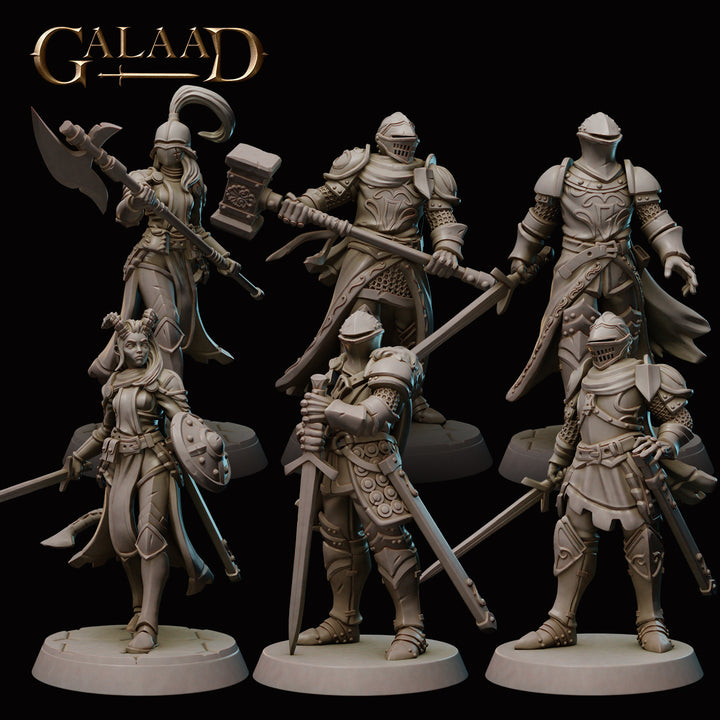 Knight Warband Bundle unpainted resin knight miniature by Galaad Miniatures, 28-32mm DnD tabletop model.