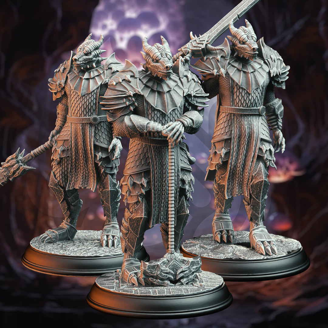 Dragonbron Warriors - Dragon Knight Squad unpainted resin dragonborn miniature by DM Stash, 28-32mm DnD tabletop model.