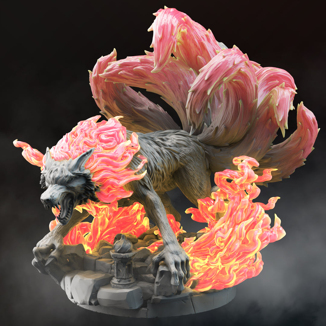 Nine tailed Fire Fox - Kyubiko unpainted resin fantasy miniature by DM Stash, 28-32mm DnD tabletop model.