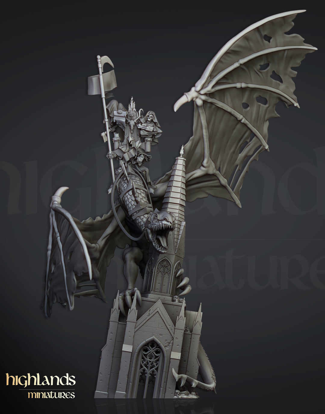 Ezekiel, Lord Necromancer on Flying Monster unpainted resin undead miniature by Highlands Miniatures, 28-32mm DnD tabletop model.