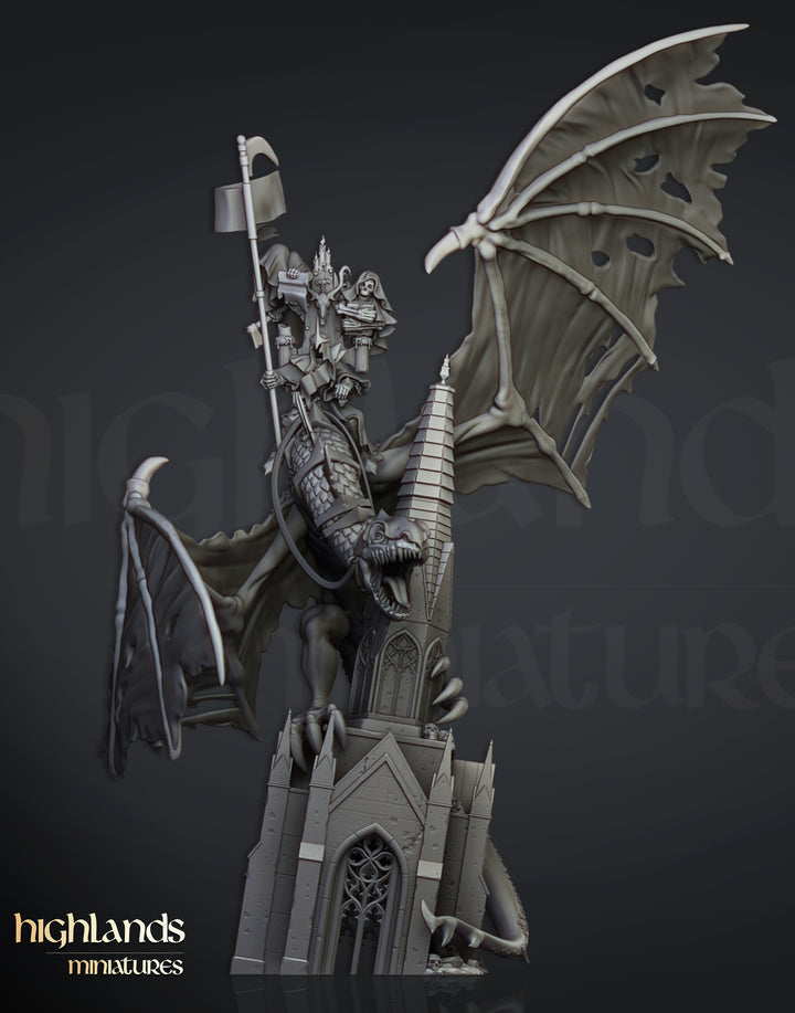 Ezekiel, Lord Necromancer on Flying Monster unpainted resin undead miniature by Highlands Miniatures, 28-32mm DnD tabletop model.