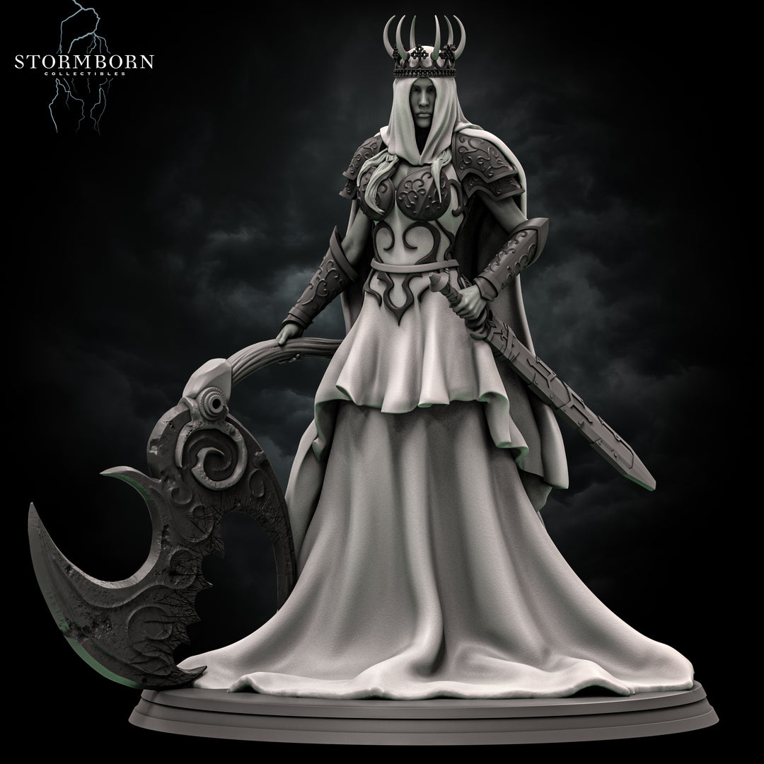 Luna, Priestess of Ash unpainted resin cleric miniature by Stormborn Collectibles, 28-32mm DnD tabletop model.