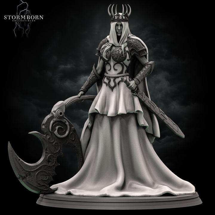 Luna, Priestess of Ash unpainted resin cleric miniature by Stormborn Collectibles, 28-32mm DnD tabletop model.