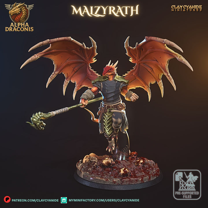 Malzyrath - Draconic Sorcerer unpainted resin dragonborn centerpiece miniature by Clay Cyanide, 28-32mm DnD tabletop model.