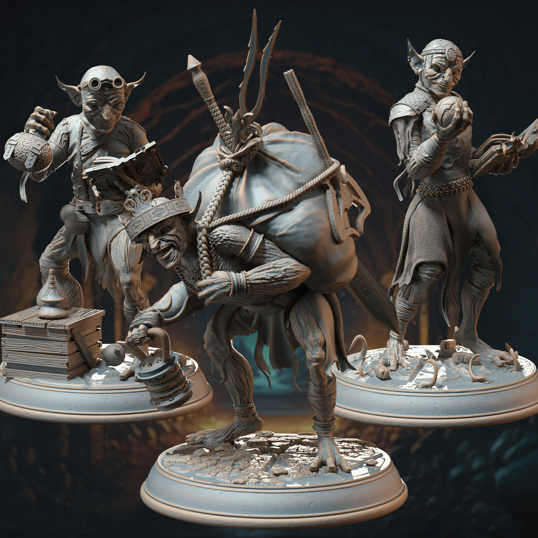 Mana Goblin Trio - Alchemist, Sorcerer, Loot unpainted resin orc miniature by DM Stash, 28-32mm DnD tabletop model.