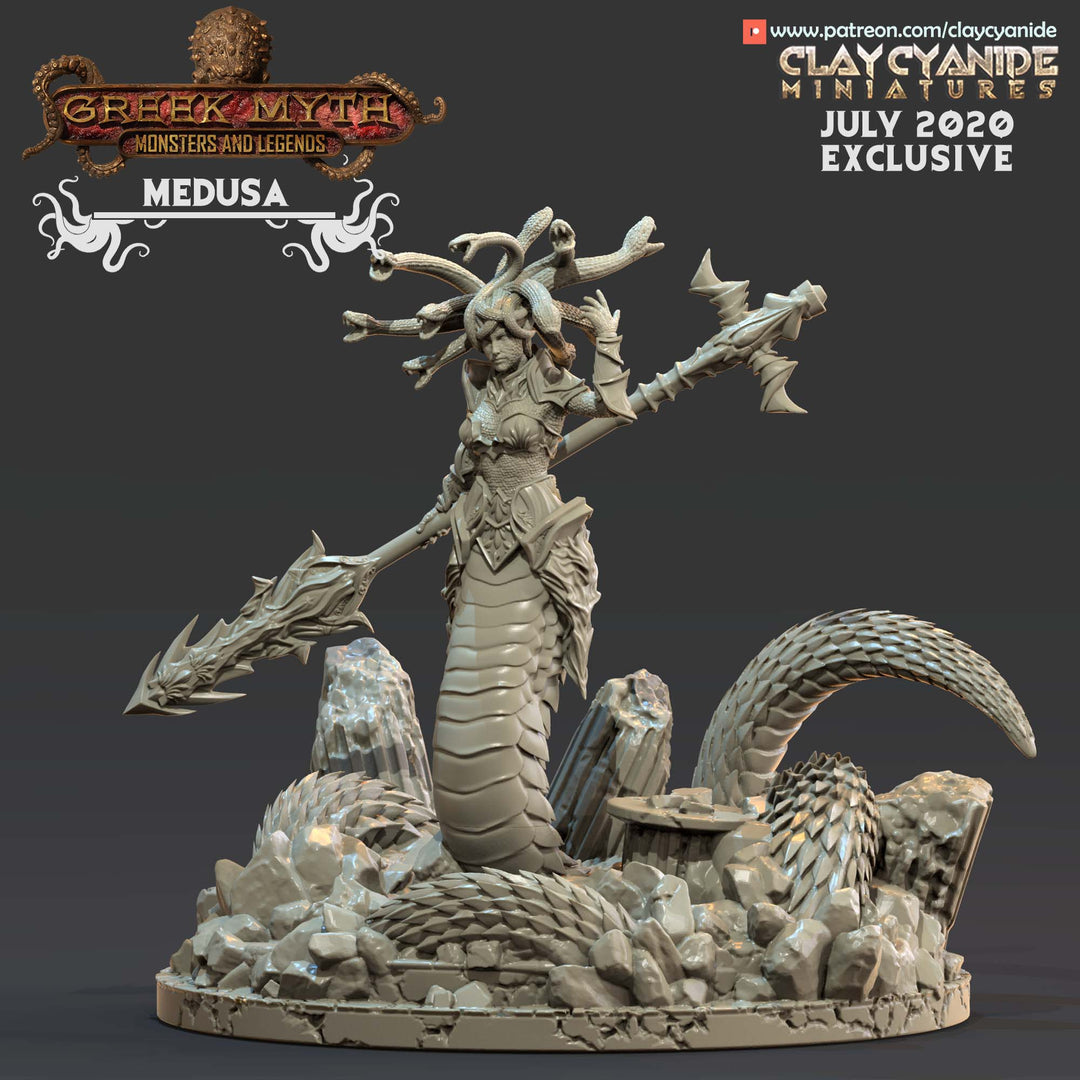 Medusa unpainted resin fantasy miniature by Clay Cyanide, 28-32mm DnD tabletop model.