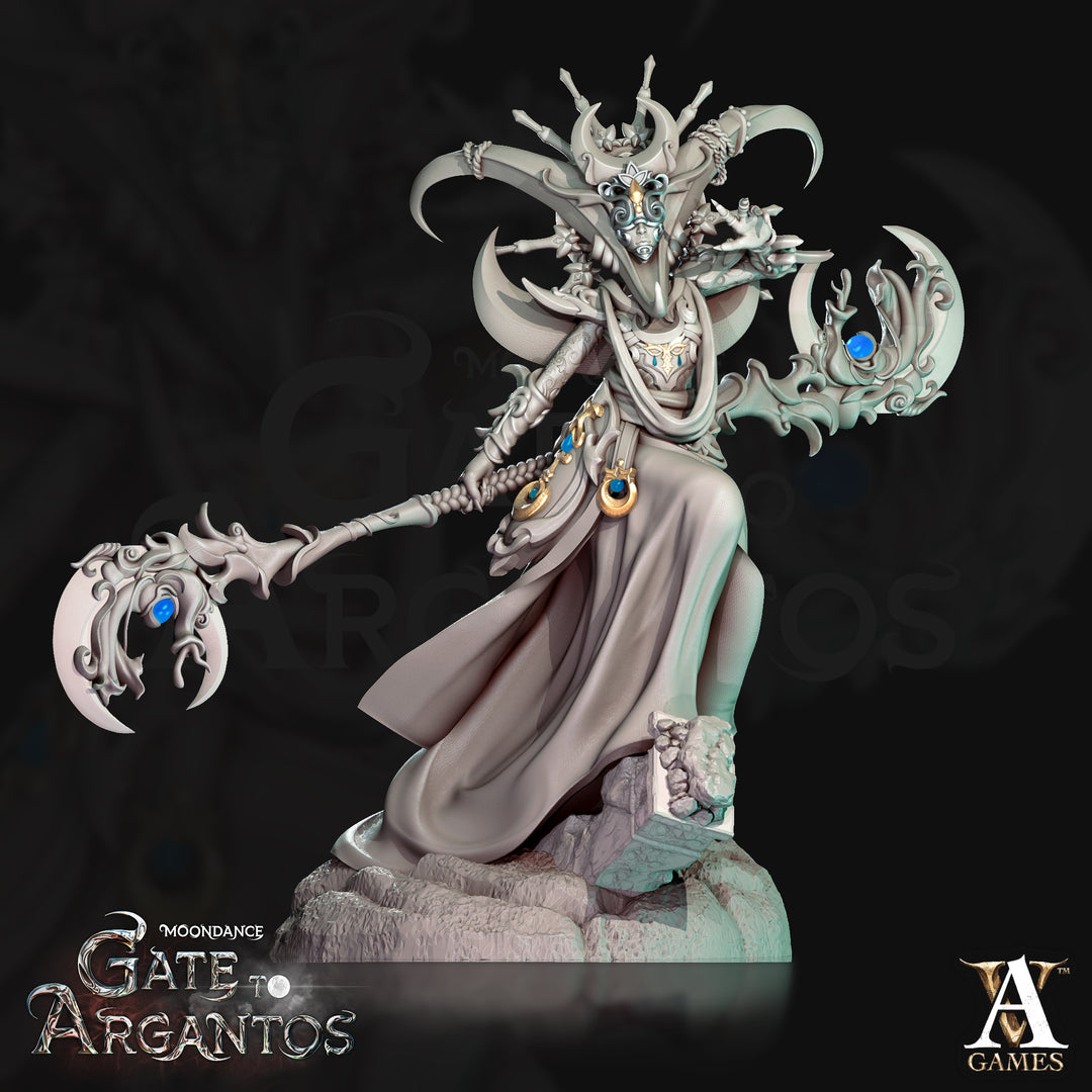 Mages of the Crescent unpainted resin mage miniature by Archvillain Games, 28-32mm DnD tabletop model.