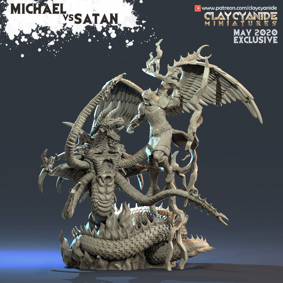 Michael vs Satan - Diorama unpainted resin demon miniature by Clay Cyanide, 28-32mm DnD tabletop model.