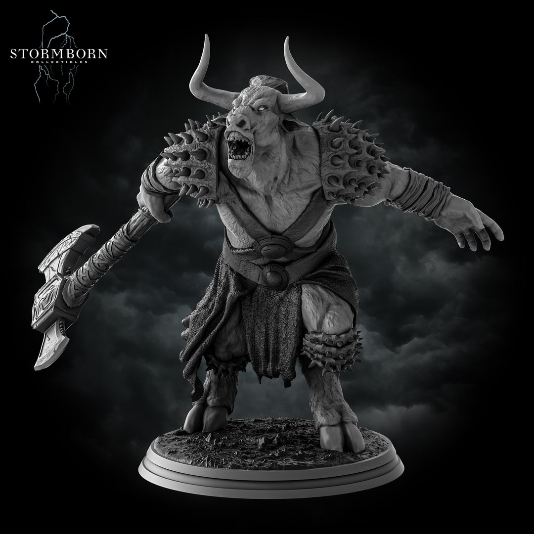 Minotaur unpainted resin fantasy miniature by Stormborn Collectibles, 28-32mm DnD tabletop model.