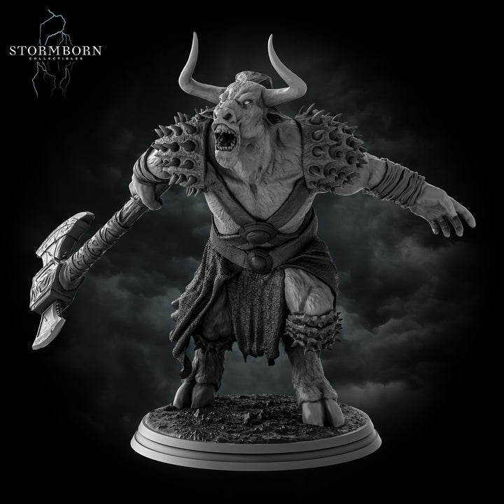 Minotaur unpainted resin fantasy miniature by Stormborn Collectibles, 28-32mm DnD tabletop model.
