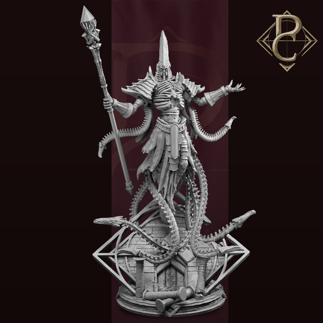 Amothep The Dark Pharaoh unpainted resin undead centerpiece miniature by Parasite Collectibles, 28-32mm DnD tabletop model.