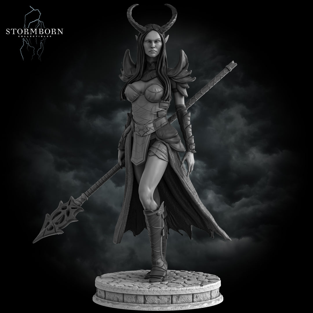 Morrigan, Tiefling Sorceress unpainted resin sorcerer miniature by Stormborn Collectibles, 28-32mm DnD tabletop model.