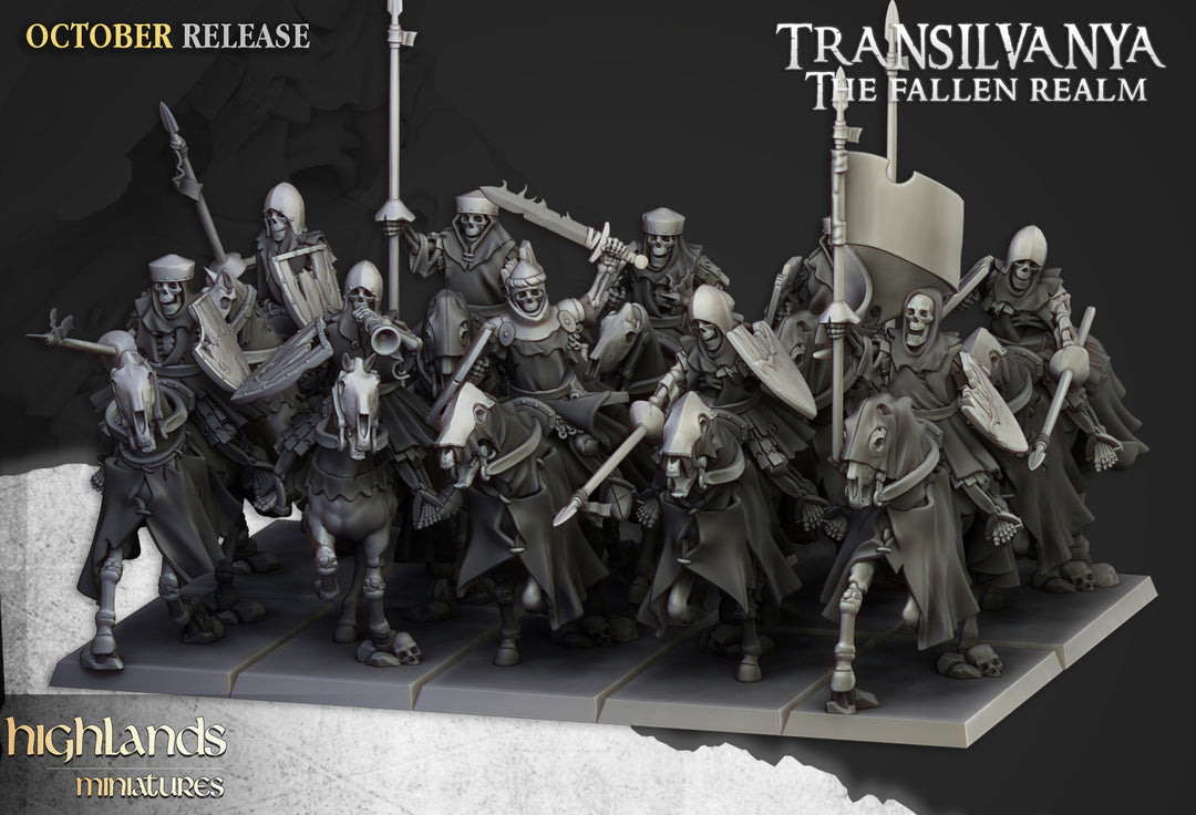 Mounted Skeletons unpainted resin undead miniature by Highlands Miniatures, 28-32mm DnD tabletop model.